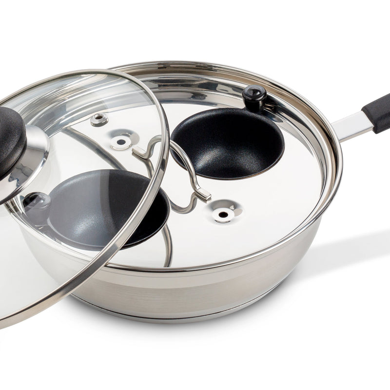 Stainless steel 2-cup egg poacher pan with nonstick poaching cups and glass lid for easy cooking.