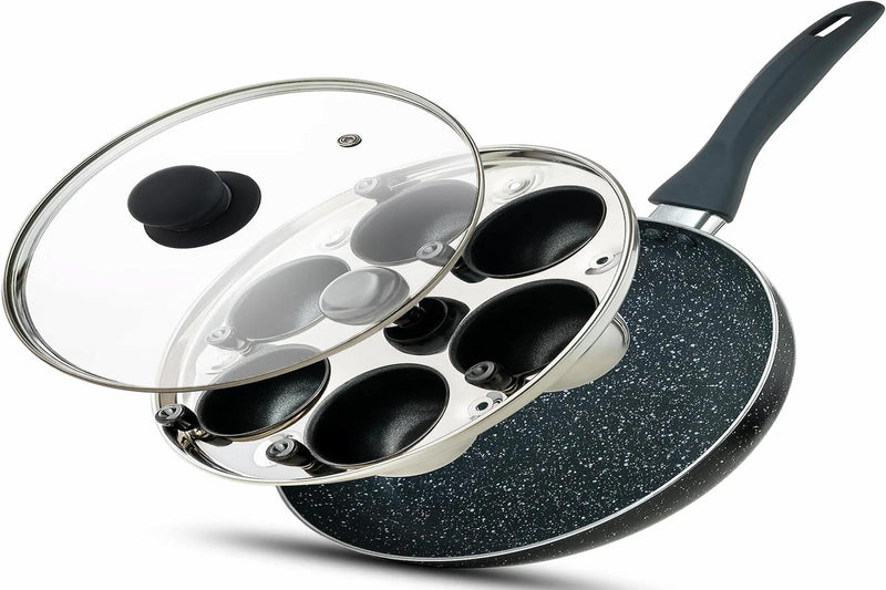 Non-stick six-cup egg poaching pan with glass lid and handle, ideal for quick stovetop egg cooking.