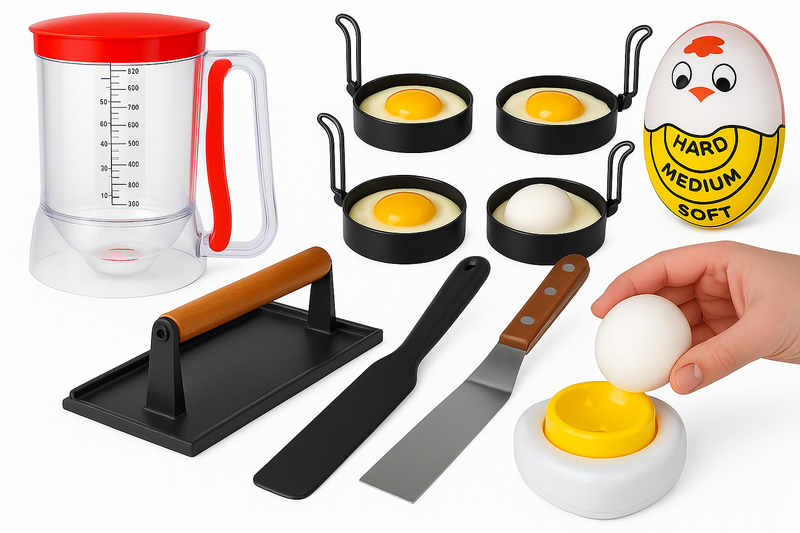 Essential Egg Cooking Tools and Breakfast Gadgets set, perfect for making eggs, pancakes, and more.