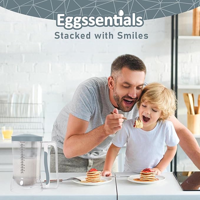 Father feeding pancakes to son using Eggssentials Pancake Batter Dispenser for a joyful morning meal.