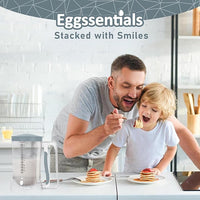 Father feeding pancakes to son using Eggssentials Pancake Batter Dispenser for a joyful morning meal.