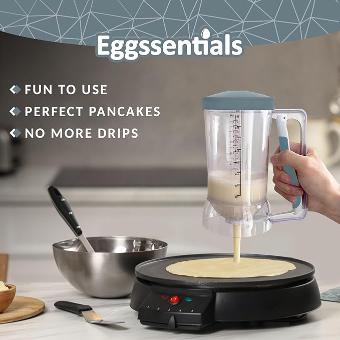 Eggssentials Pancake Batter Dispenser ensures perfect, mess-free pancakes with no drips or spills.