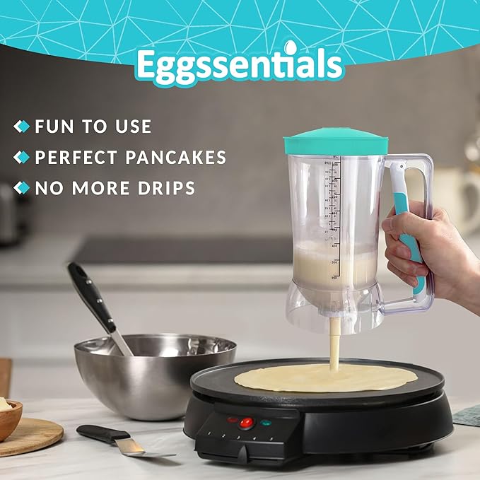 Eggssentials Pancake Batter Dispenser used to pour batter evenly onto griddle, ensuring no mess.