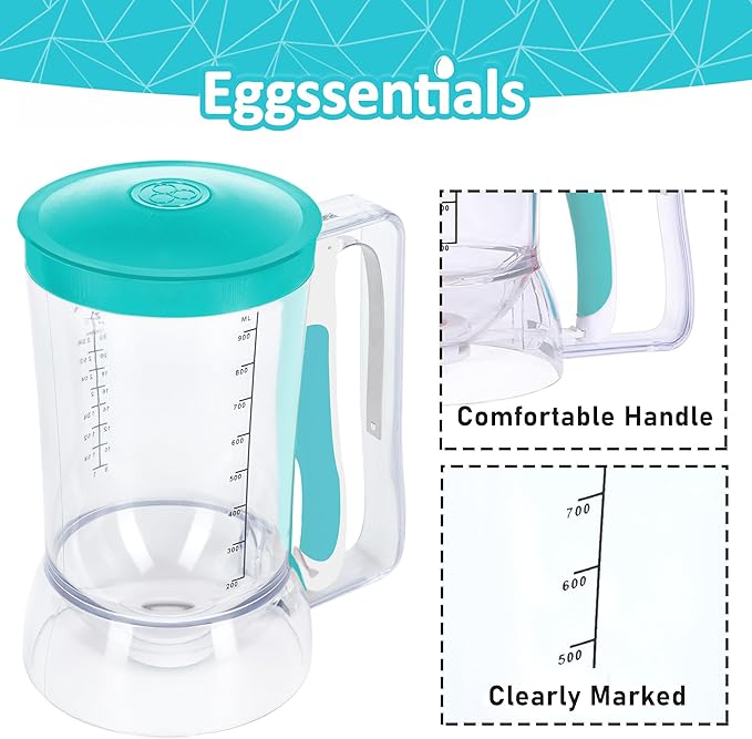 Eggssentials Pancake Batter Dispenser with teal lid, comfy handle, and clear measurement markings.