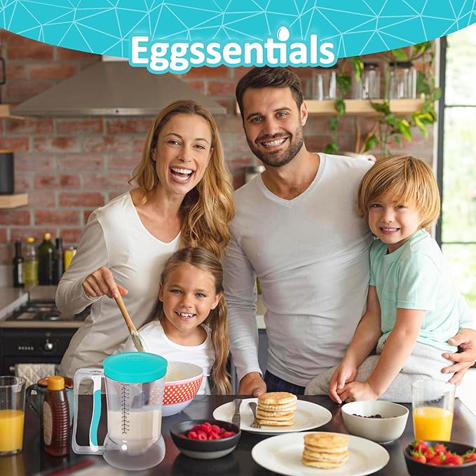 Smiling family making pancakes using Eggssentials Pancake Batter Dispenser in cozy kitchen setting.