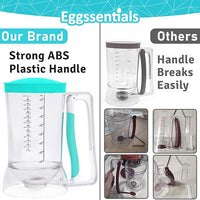 Comparison of Eggssentials pancake batter dispenser with ABS handle vs others with broken handles.