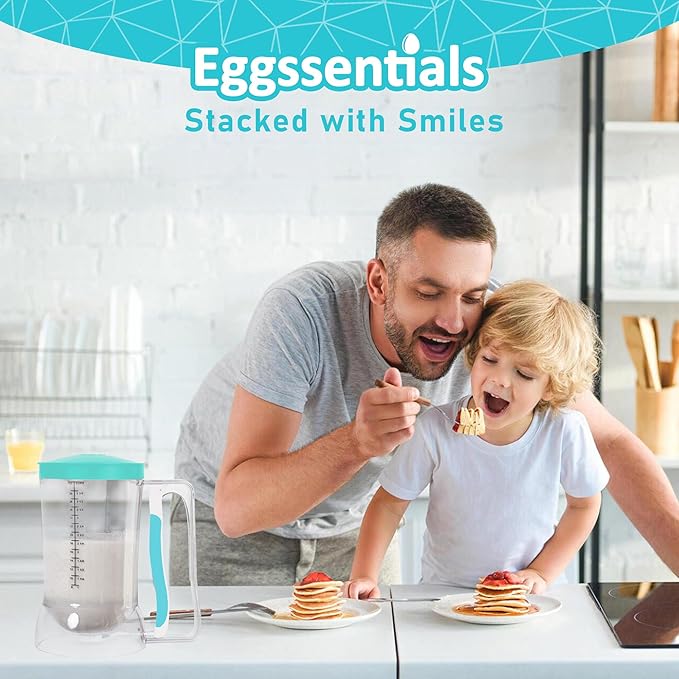 Father and child enjoying pancakes with Eggssentials batter dispenser on the counter beside them.