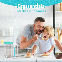 Father and child enjoying pancakes with Eggssentials batter dispenser on the counter beside them.