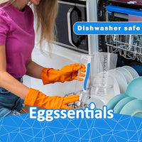 Woman places Eggssentials Pancake Batter Dispenser in dishwasher, showing easy safe cleaning.