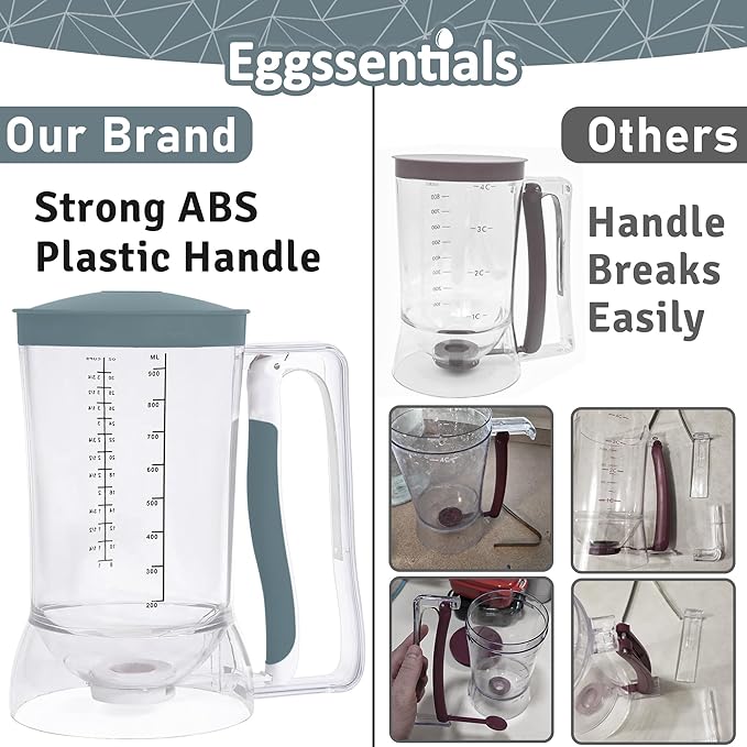 Eggssentials Pancake Batter Dispenser features a strong ABS handle, unlike others that break easily.