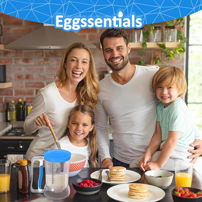 Happy family preparing pancakes in kitchen using Eggssentials dispenser for an easy breakfast.