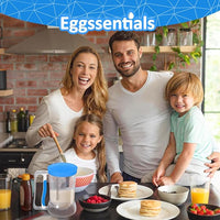 Happy family preparing pancakes in kitchen using Eggssentials dispenser for an easy breakfast.