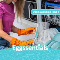 Woman placing Eggssentials pancake batter dispenser into dishwasher, safe and easy to clean.