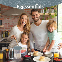 Family enjoying breakfast with Eggssentials Pancake Batter Dispenser making fluffy pancakes.