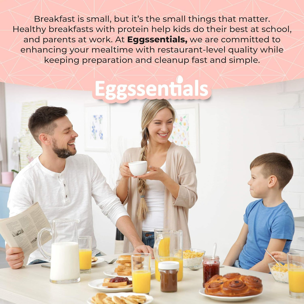 Family enjoying breakfast using Eggssentials Egg Poacher Spare Removable Poaching Cup together.