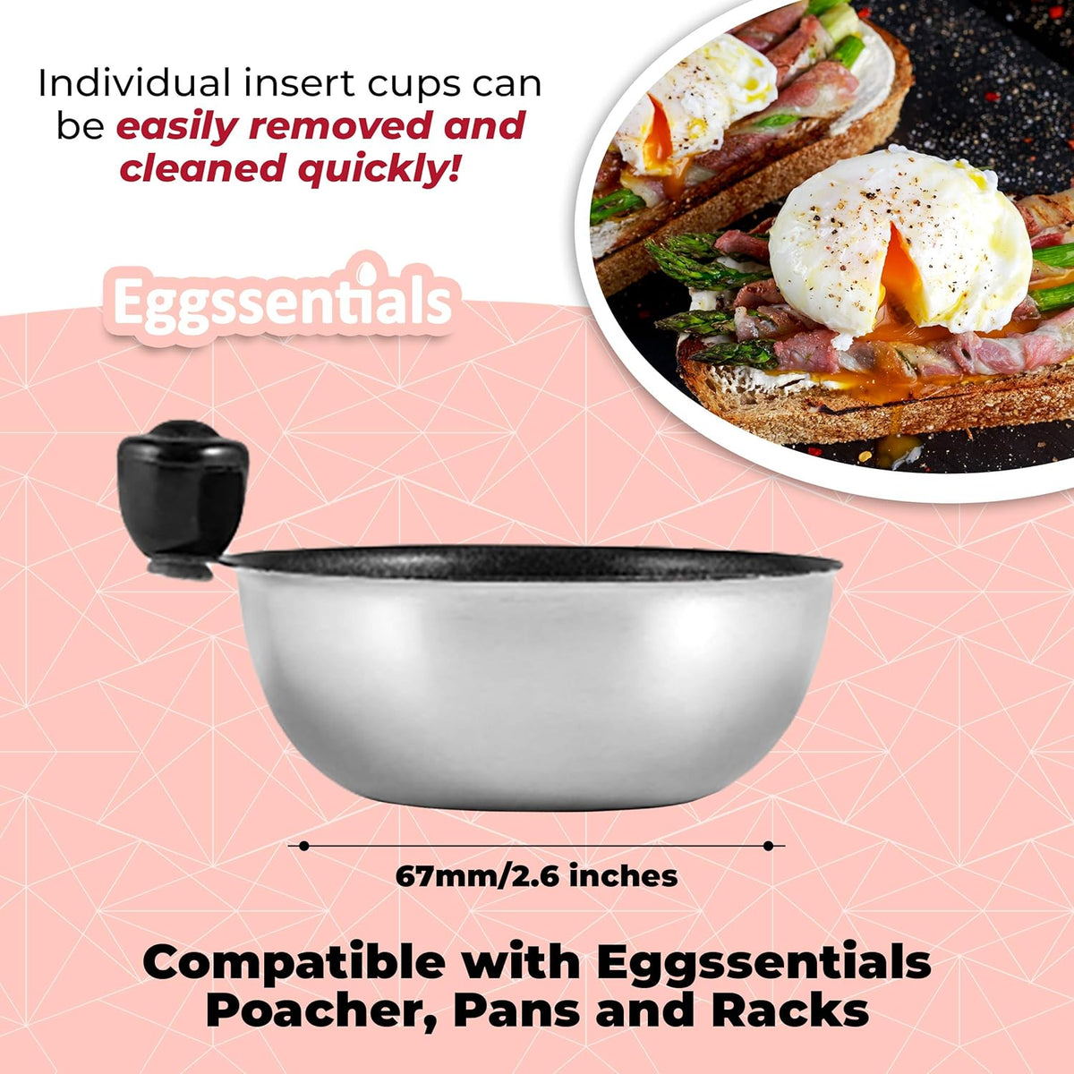 Egg Poacher Spare Removable Poaching Cup compatible with Eggssentials pans and racks for cooking.