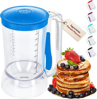 Eggssentials Pancake Batter Dispenser with blue lid shown beside fresh pancakes and toppings.