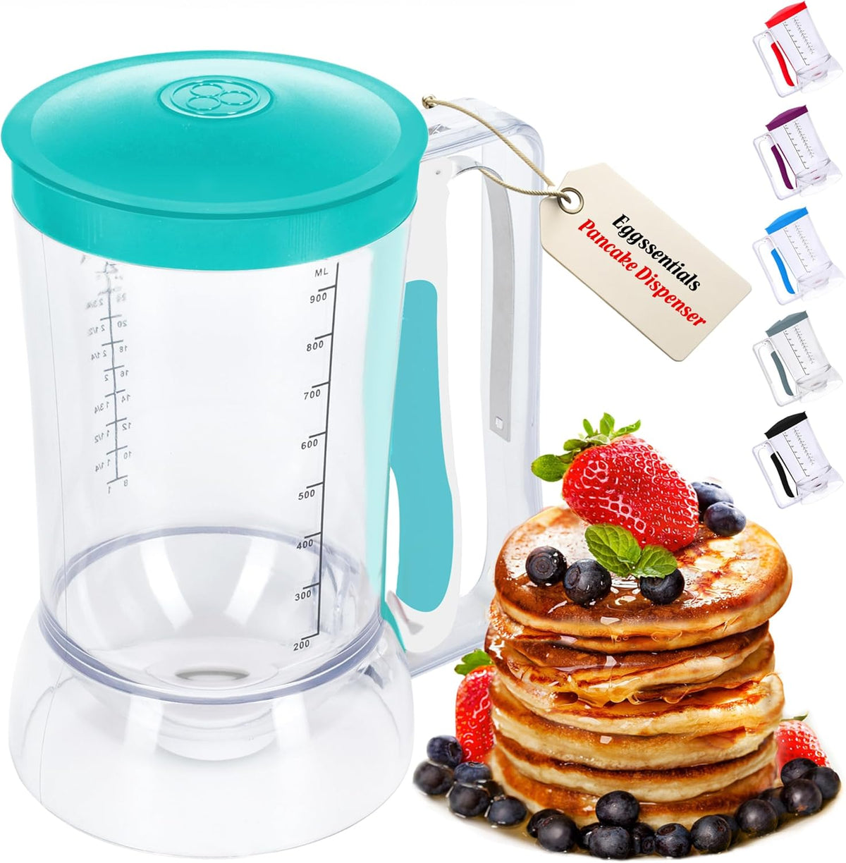 Eggssentials Pancake Batter Dispenser in teal with marked measurements and ergonomic grip handle.