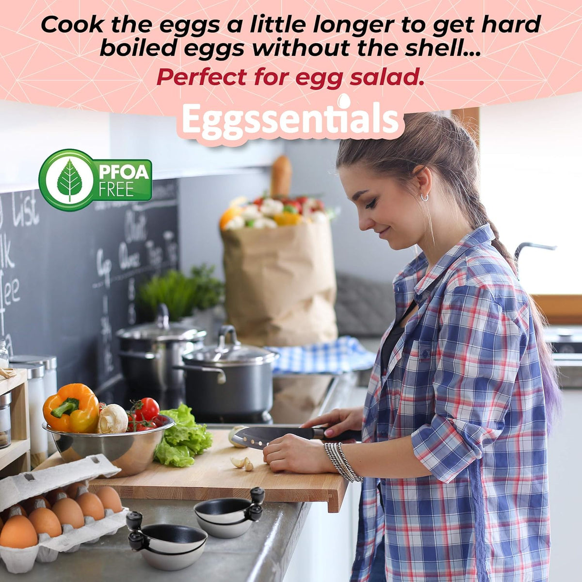 Woman preparing food in kitchen using Egg Poacher Spare Removable Poaching Cup for easy eggs.