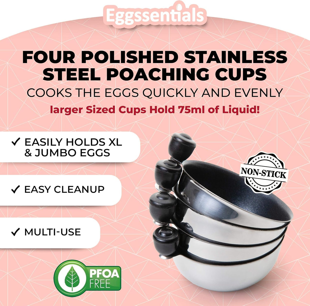 Stack of Egg Poacher Spare Removable Poaching Cup inserts with polished stainless non-stick design.