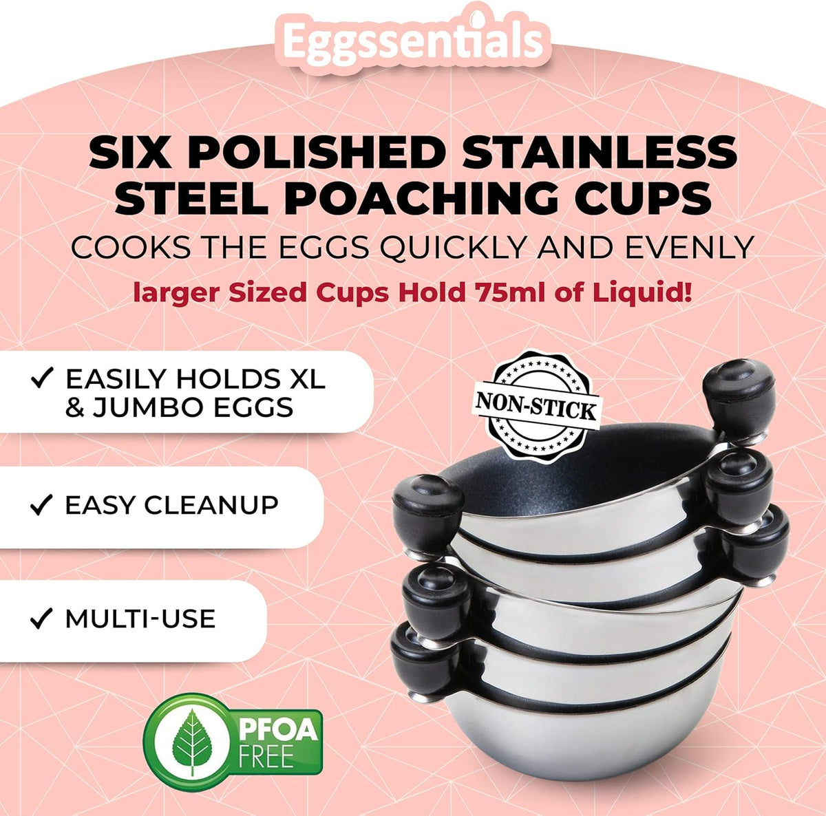 Six Egg Poacher Spare Removable Poaching Cup inserts with non-stick stainless design stacked neatly.