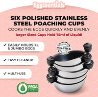 Six Egg Poacher Spare Removable Poaching Cup inserts with non-stick stainless design stacked neatly.