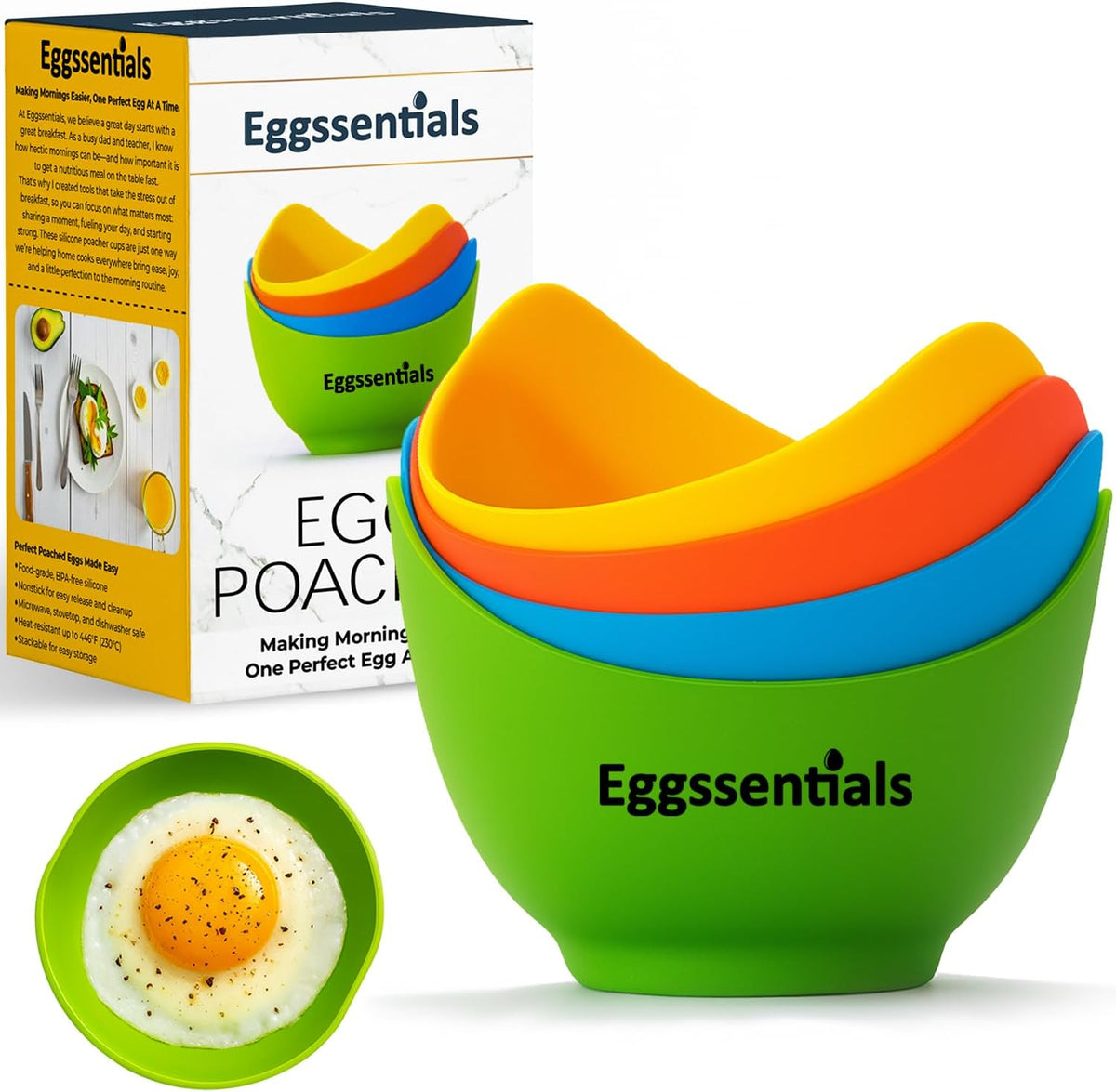 Eggssentials Silicone Egg Poaching Cups in colorful set with packaging and perfectly poached egg.