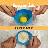 Blue silicone poaching cup showing raw egg before and poached egg after cooking with Eggssentials.