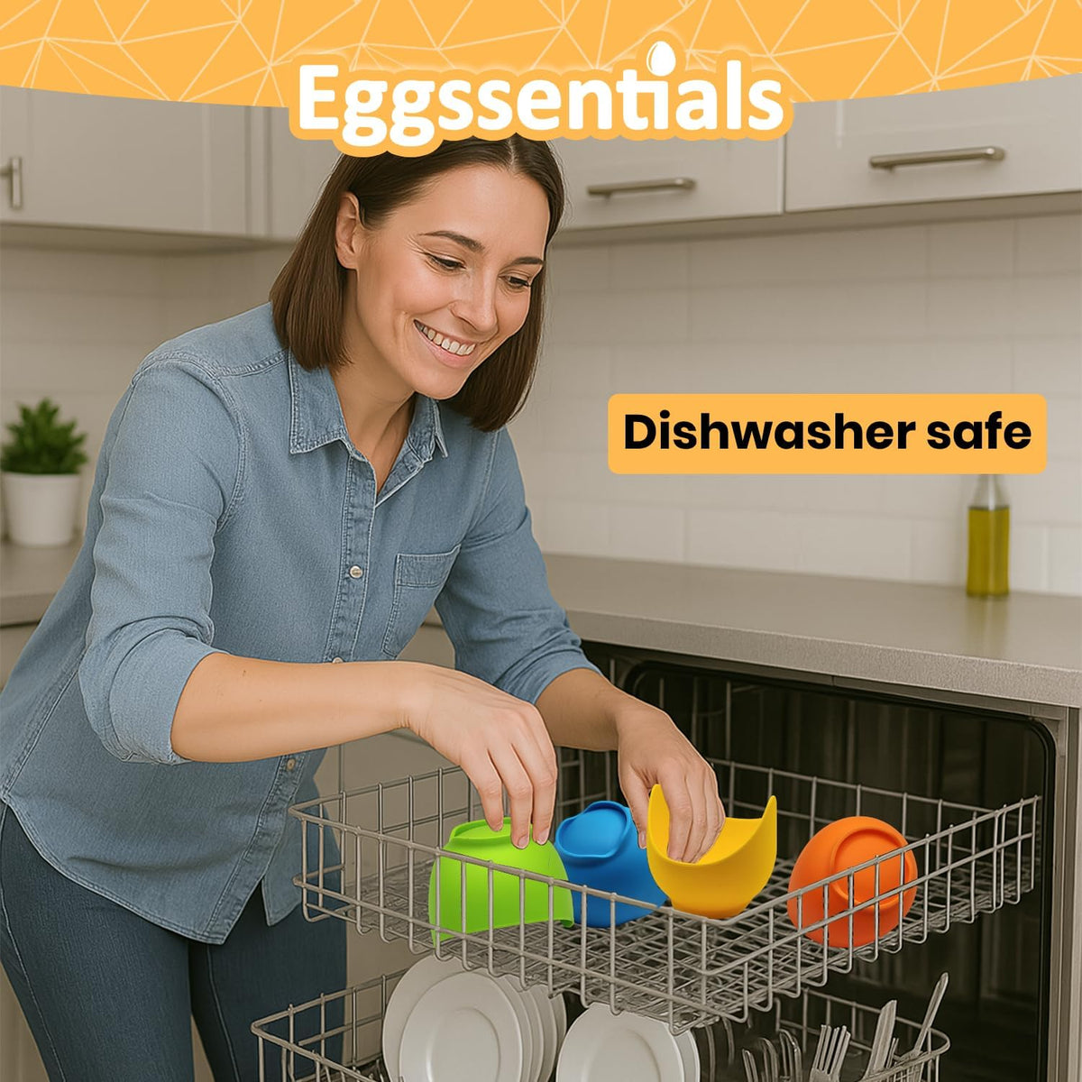 Woman placing colorful Silicone Egg Poaching Cups in a dishwasher rack, they're dishwasher safe.