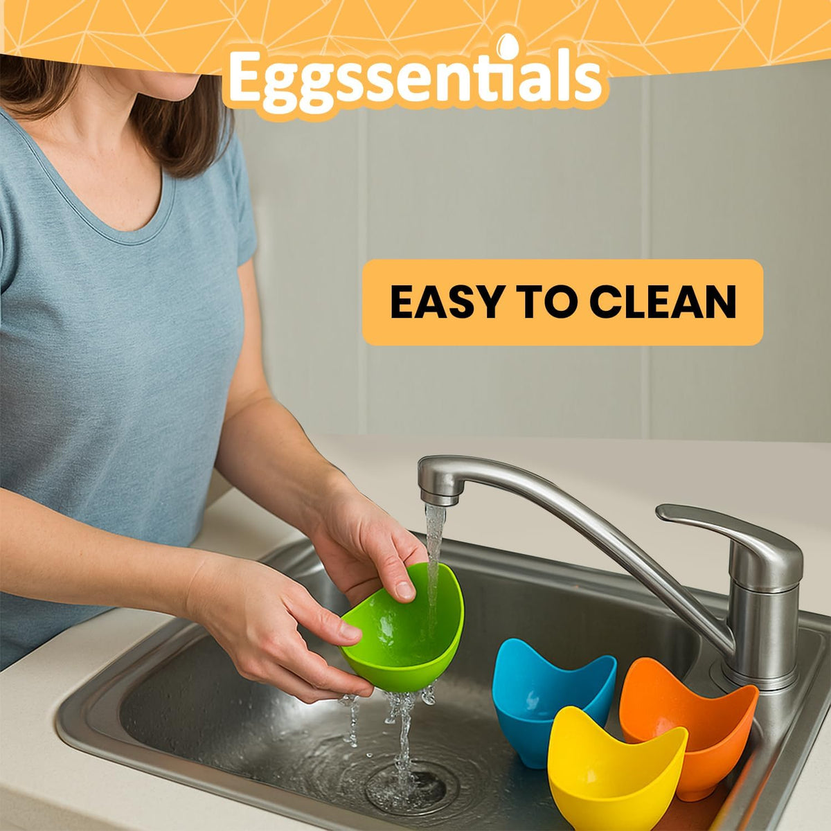 Woman rinsing colorful Silicone Egg Poaching Cups under tap water, showing they are easy to clean.