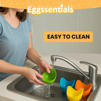 Woman rinsing colorful Silicone Egg Poaching Cups under tap water, showing they are easy to clean.