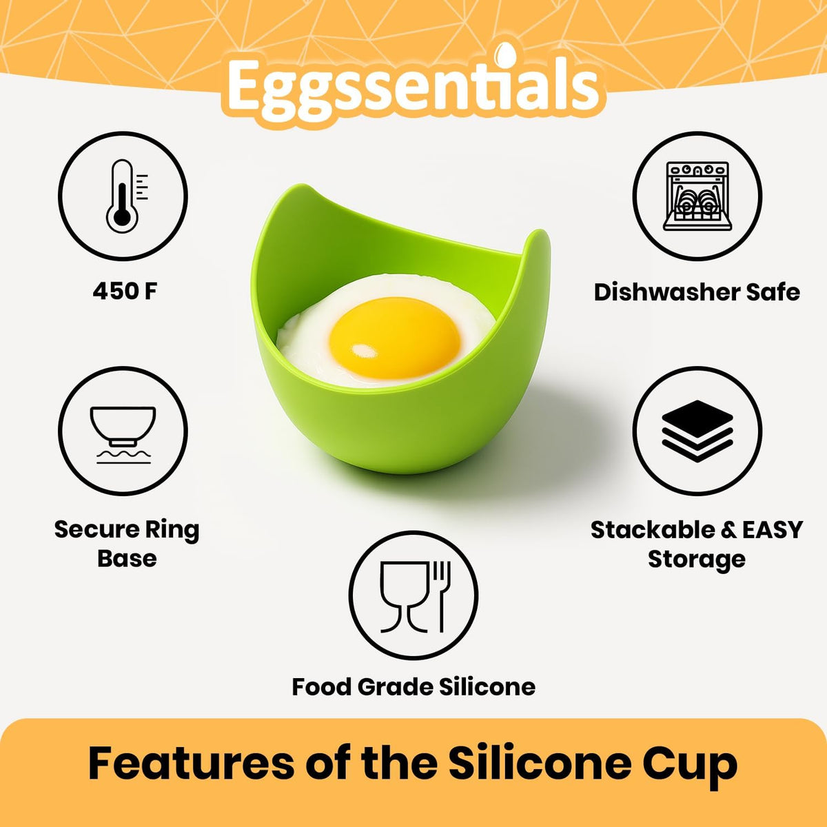 Green Silicone Egg Poaching Cup with poached egg shown with icons highlighting product features.