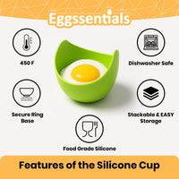Green Silicone Egg Poaching Cup with poached egg shown with icons highlighting product features.