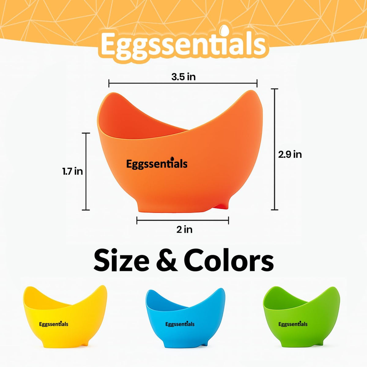 Eggssentials Silicone Egg Poaching Cups in various colors with size dimensions clearly labeled.