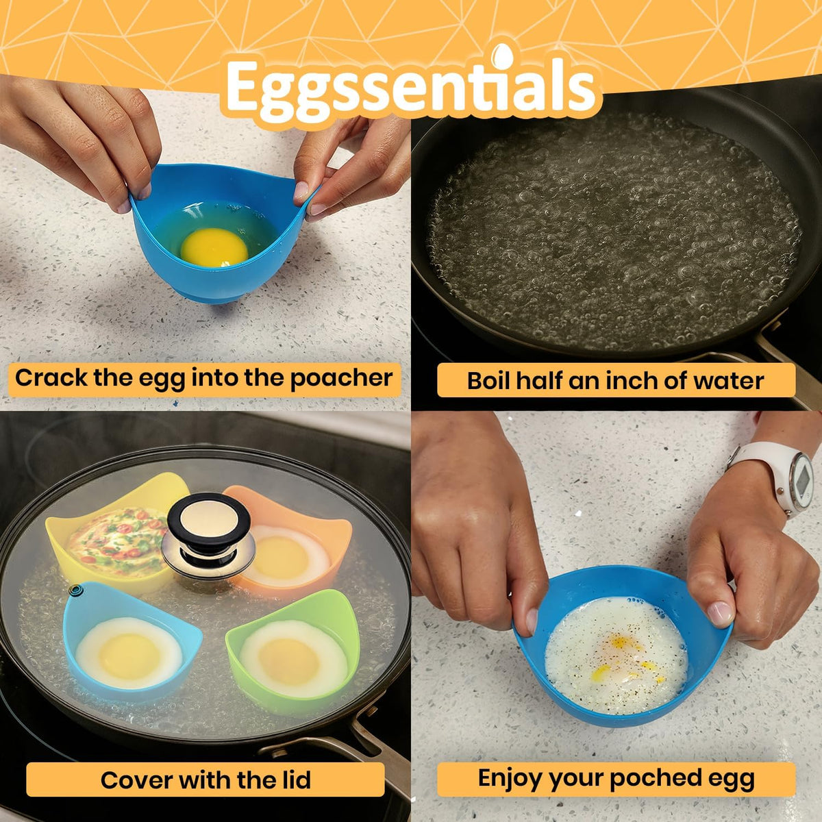 Step-by-step guide how to use Eggssentials Silicone Egg Poaching Cups for stovetop egg poaching.