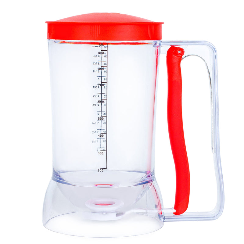 Pancake batter dispenser with measurement markings and easy-grip handle for precise pouring control.