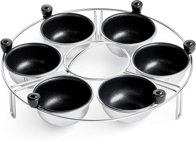 Stainless steel egg poacher rack with six nonstick cups designed for easy and perfect egg poaching.