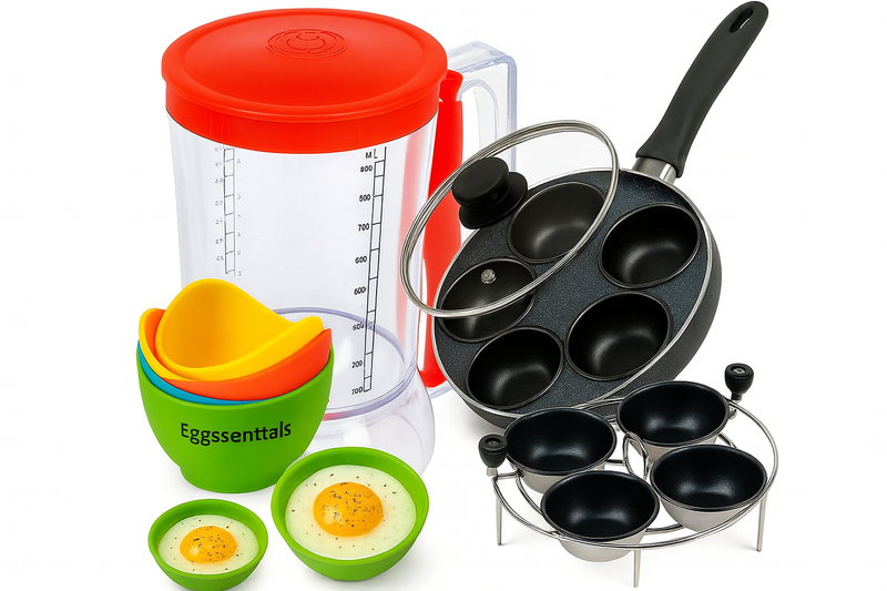 Egg cooking tools set with measuring jug, egg poacher pan, silicone cups and boiled egg molds.