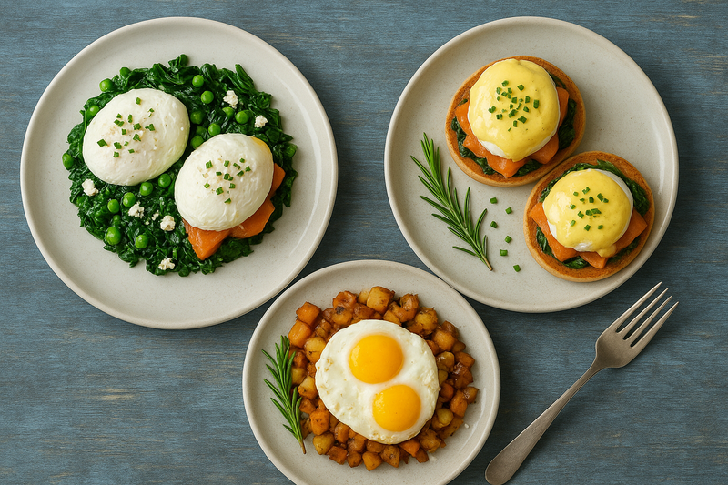 Three plates of egg poacher recipes with hollandaise, spinach, salmon, and seasoned potatoes.