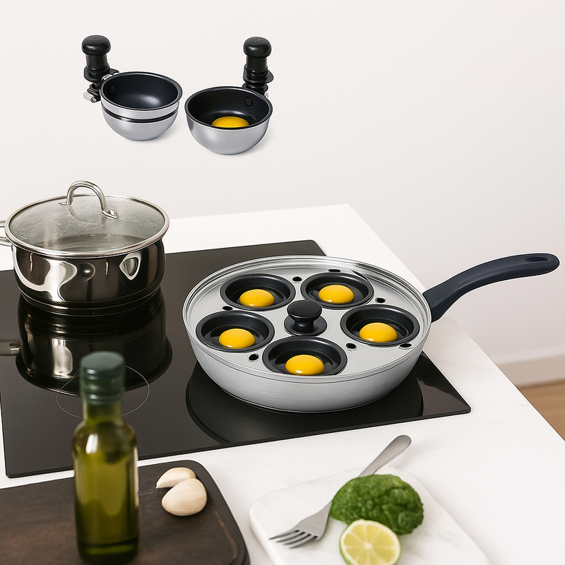 A nonstick egg poacher pan with five compartments, cooking eggs on a stovetop, includes detachable poaching cups.