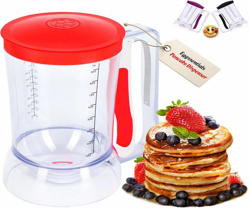 Clear pancake batter dispenser with red lid beside a stack of pancakes topped with berries and syrup.