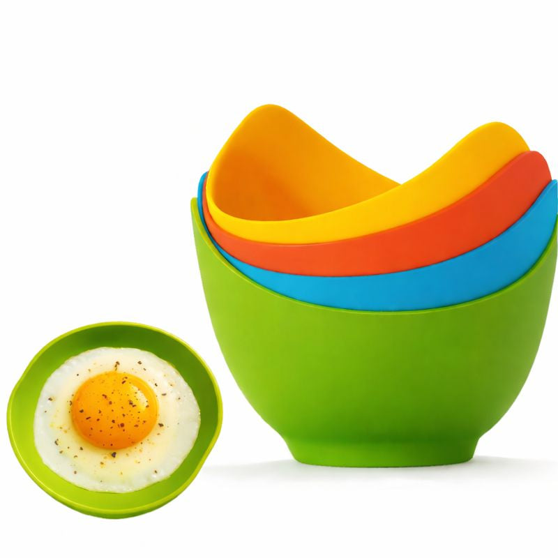 Silicone Egg Poaching Cups in bright colors, stacked bowls with a poached egg for cooking use.