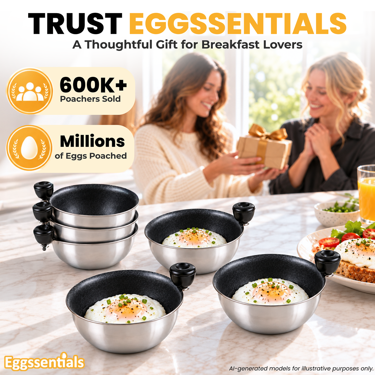 Eggssentials Egg Poacher Replacement Spare Stainless Steel 68mm in Diameter Anti-Stick PFOA Free Individual Removable Poaching Cups (6)