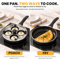 2 IN 1 Egg Pan & Egg Poacher Pan, Granite Nonstick Fry Pan Poached Egg Maker and Frying Skillet with Lid, Poached Eggs Cooker Food Grade Safe PFOA Free with Spatula, Egg Cookware - 4 Cups