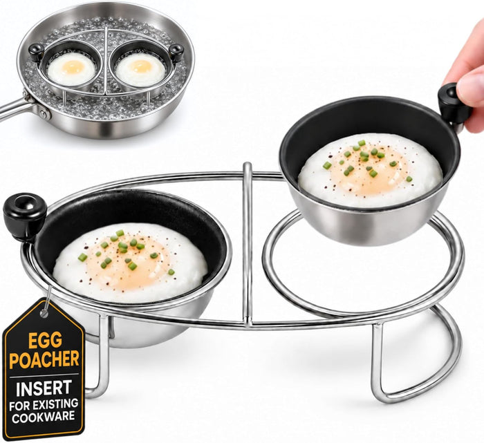 Eggssentials Egg Poacher Insert Stainless Steel Poached Egg Cooker Eggs Poaching Cup PFOA Free Egg Poachers Nonstick, 6.25" Rack Compatible with Skillet Instant Pot Pressure Cooker, 2 Poached Cups
