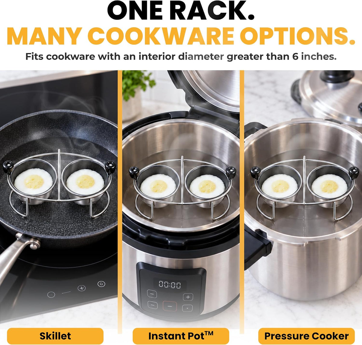 Eggssentials Egg Poacher Insert Stainless Steel Poached Egg Cooker Eggs Poaching Cup PFOA Free Egg Poachers Nonstick, 6.25" Rack Compatible with Skillet Instant Pot Pressure Cooker, 2 Poached Cups
