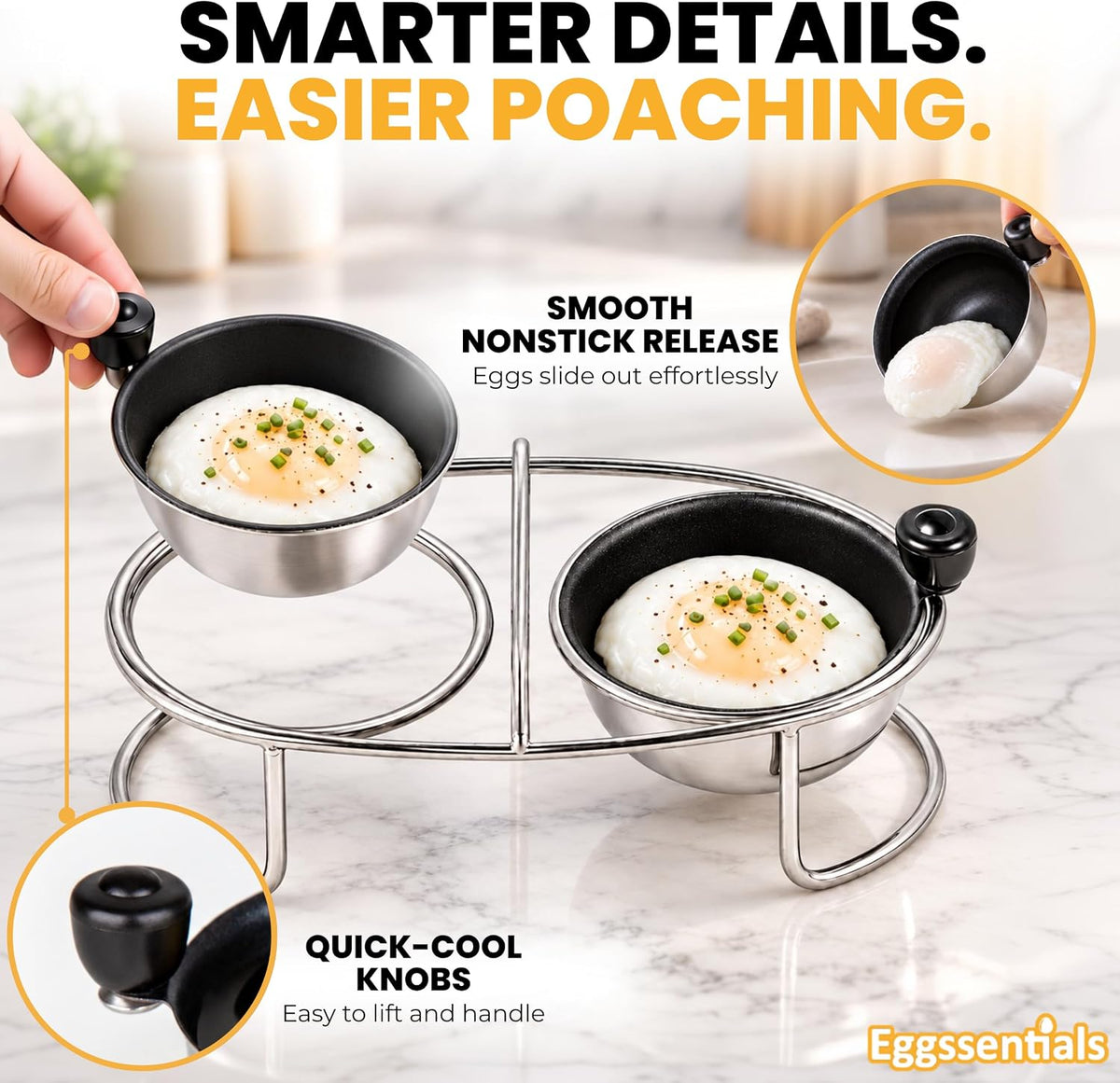 Eggssentials Egg Poacher Insert Stainless Steel Poached Egg Cooker Eggs Poaching Cup PFOA Free Egg Poachers Nonstick, 6.25" Rack Compatible with Skillet Instant Pot Pressure Cooker, 2 Poached Cups