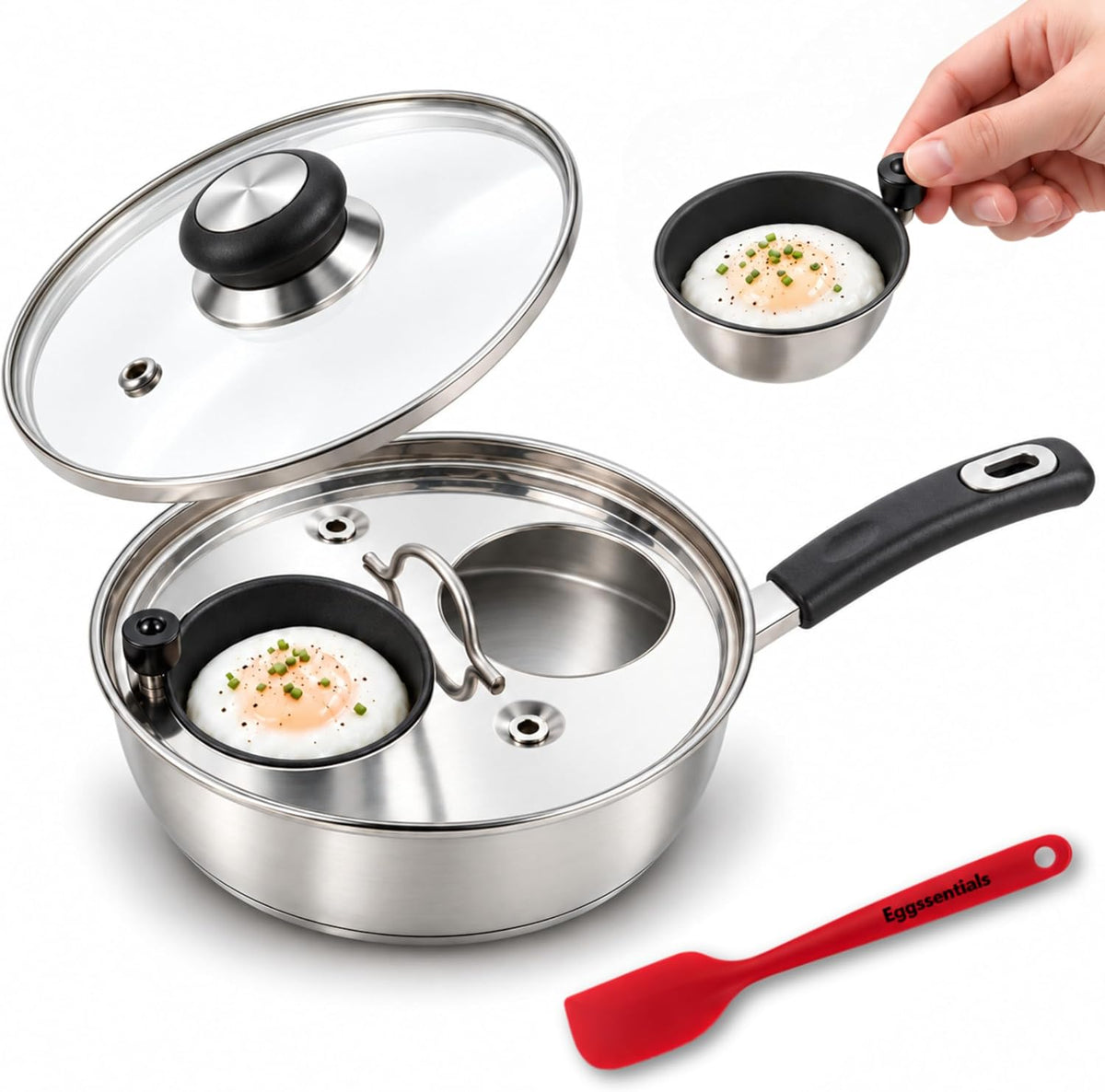 Eggssentials Egg Poacher Pan Nonstick Coating - Poached Egg Cooker, Stainless Steel Egg Poaching Pan PFOA Free with Spatula, Poached Egg Maker, Egg Poachers Cookware