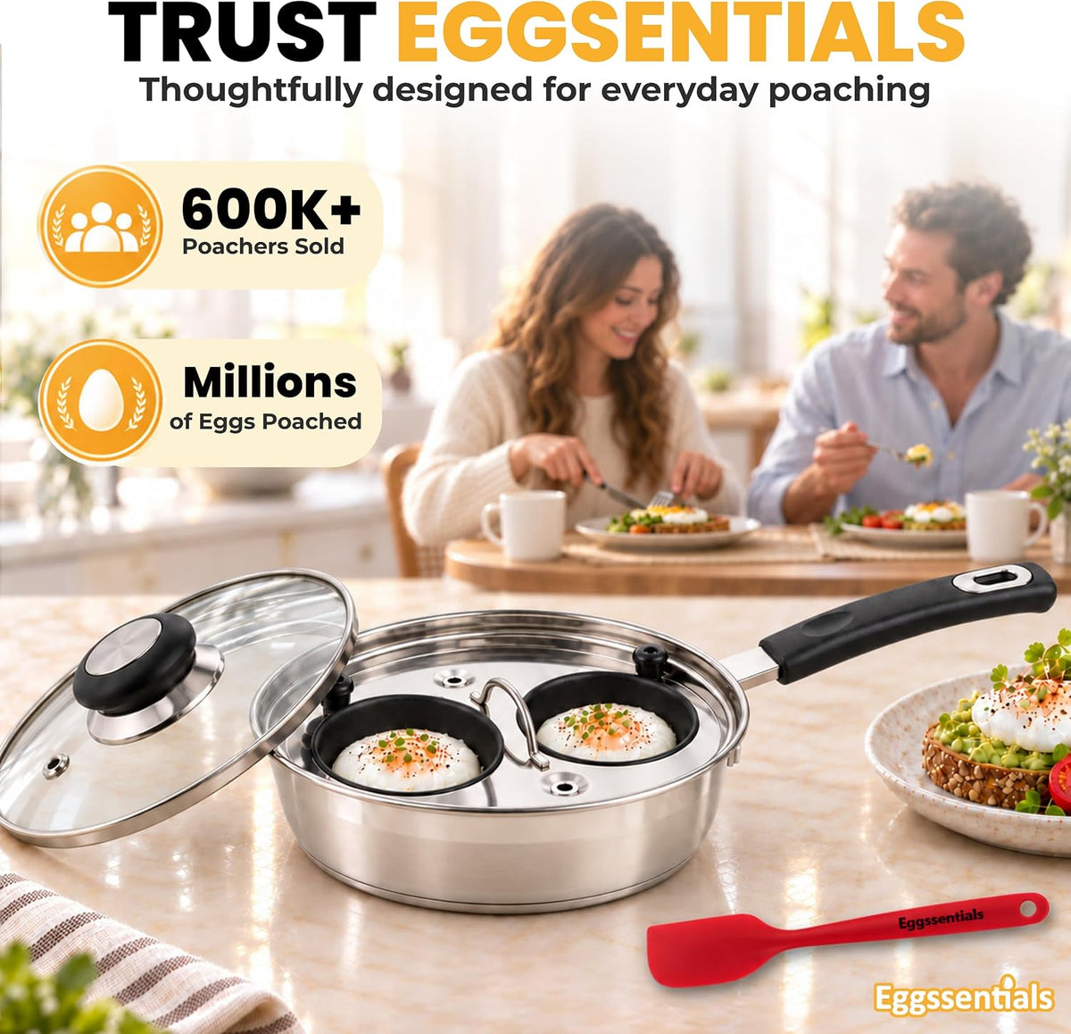Eggssentials Egg Poacher Pan Nonstick Coating - Poached Egg Cooker, Stainless Steel Egg Poaching Pan PFOA Free with Spatula, Poached Egg Maker, Egg Poachers Cookware