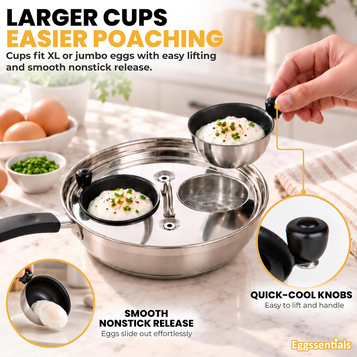Eggssentials Egg Poacher Pan Nonstick Coating - Poached Egg Cooker, Stainless Steel Egg Poaching Pan PFOA Free with Spatula, Poached Egg Maker, Egg Poachers Cookware